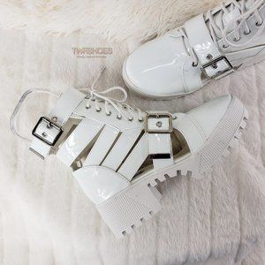 White Patent Cut Out Combat Boot Sandals
